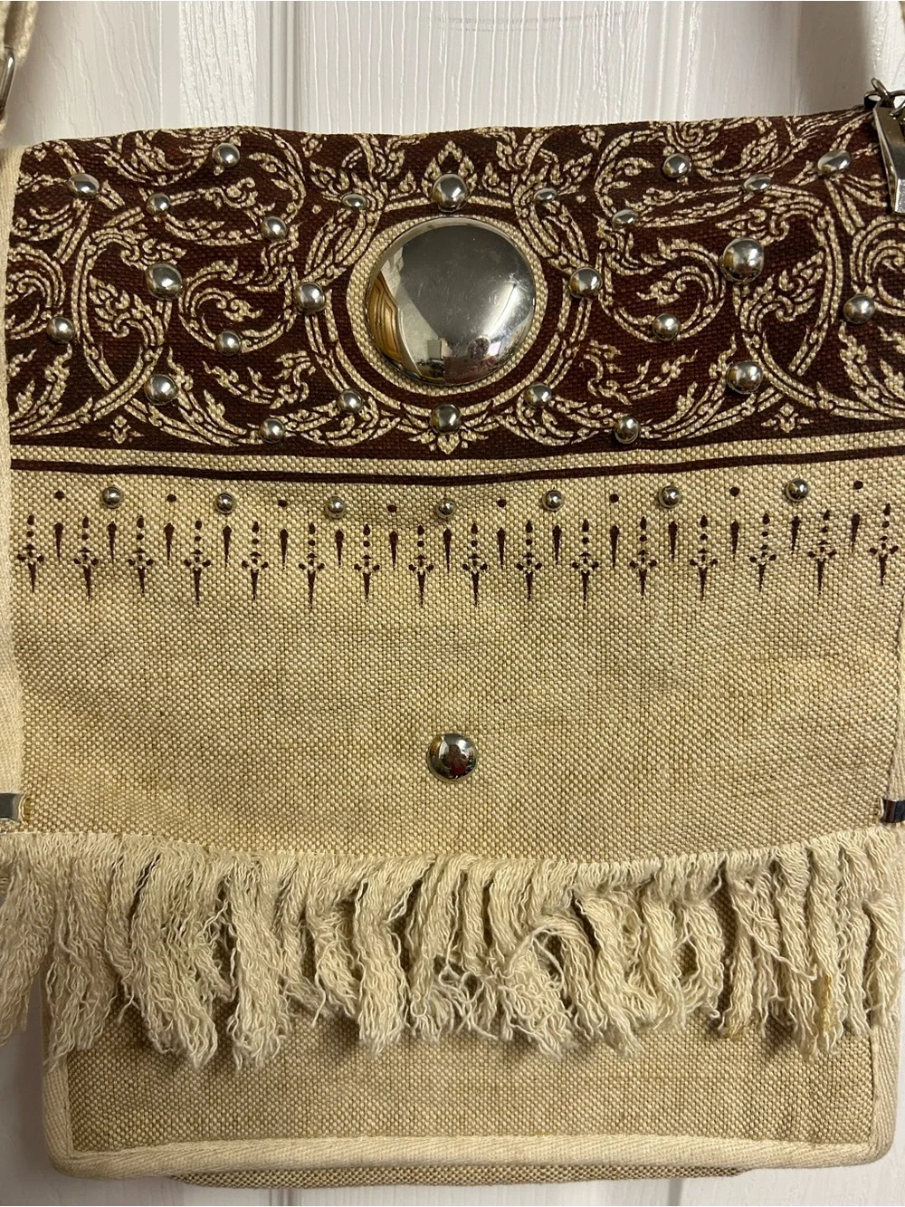 Canvas Fringe Hobo Shoulder Bag in Beige and Brown